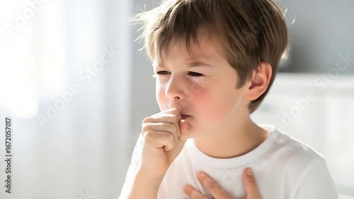 Young boy coughing feeling unwell sickness illness child