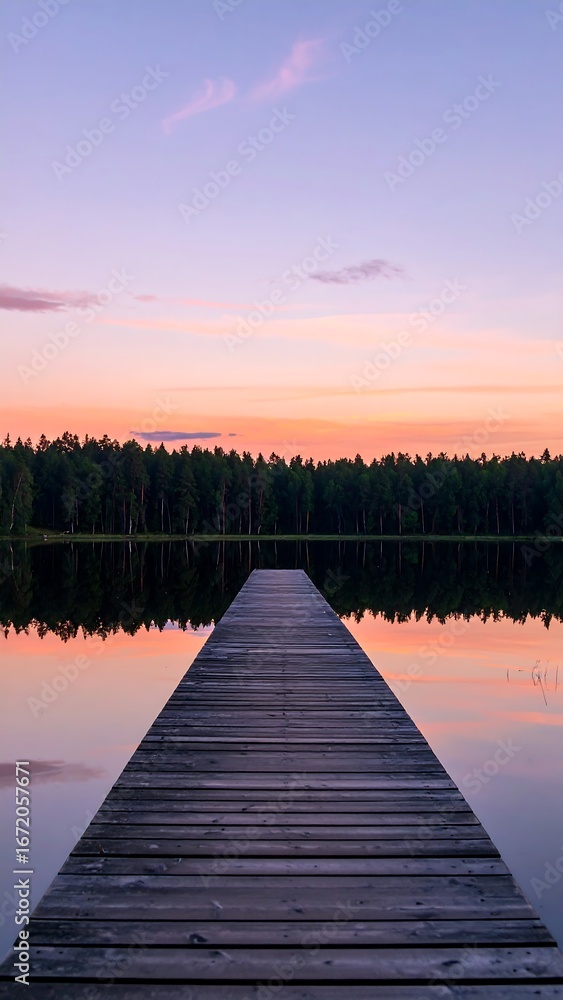 Obraz premium Wooden Pier on Calm Lake at Sunset