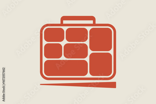 A stylized illustration of a bento box with multiple compartments and a handle on a light background