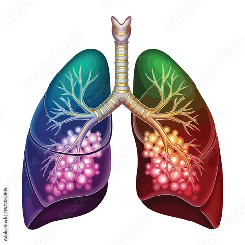 Human Lungs Anatomy with Detailed Bronchial Tree and Alveoli – Medical Educational Illustration for Healthcare.