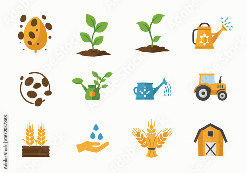 Agriculture and Farming Flat Icons Set: Cultivation, Growth, Harvesting, Tools, and Farm Elements