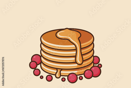 A stack of pancakes with syrup and berries on a light background in a cartoon style illustration