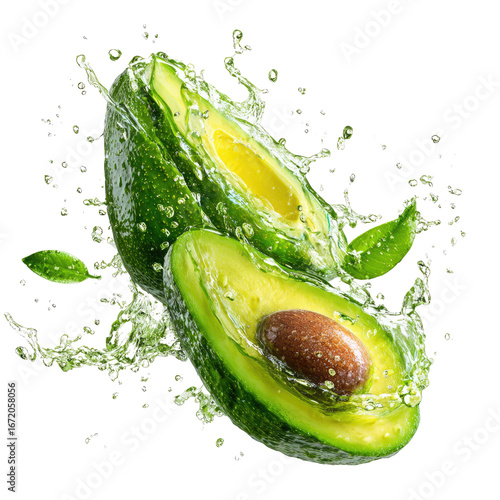 Sliced green avocado with juice splashing and water drops on transparent background