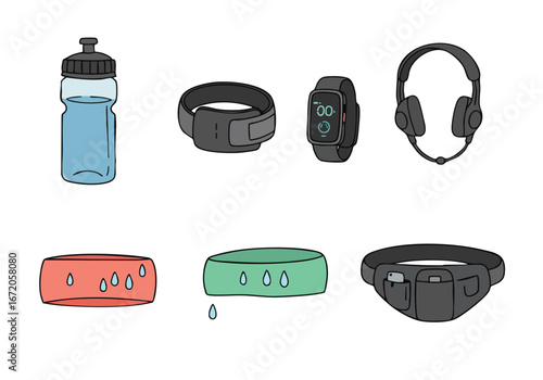 Cartoon Illustration of Essential Fitness and Running Accessories and Wearable Tech