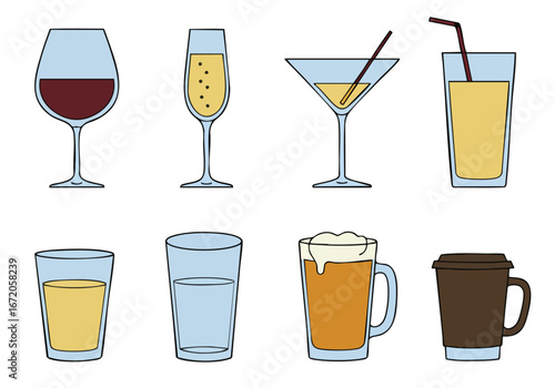Colorful cartoon illustration set of popular beverages, featuring wine, champagne, cocktails, juice, water, beer, and coffee cups, perfect for menus or icons.