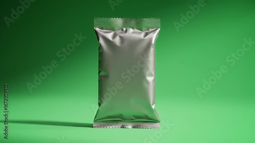 Blank Silver Foil Packaging Mockup on Green Background, Unbranded Metallic Sachet Template
