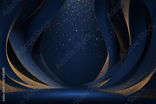 Elegant dark blue and gold abstract background with glittering particles and flowing fabric design