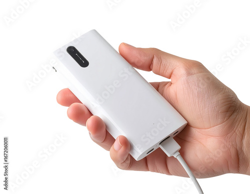 Hand Holding White Power Bank with Charging Cable Isolated on Transparent Background