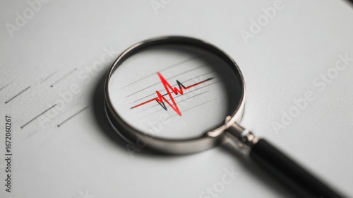 Magnified red line on paper representing cycle break risk index for financial analysis and market trends evaluation