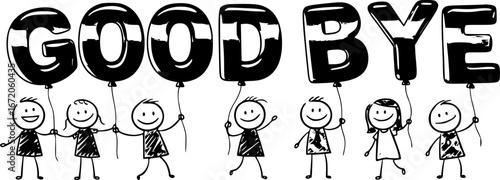 GOODBYE smiling stick figures holding golden balloon letters
