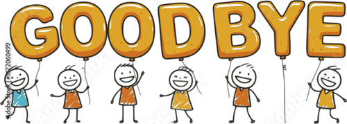 GOODBYE smiling stick figures holding golden balloon letters
