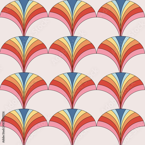 Multicolor, Rainbow Symmetrical Abstract Art Deco Geometric Pattern. Classic Modern Repeating Seamless Motif Background. Retro Ornate Style Wallpaper 