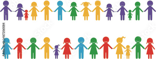 Vector illustration of colorful male and female stick figures, children standing in rows holding hands isolated on white background
