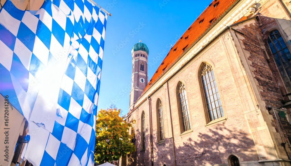 Fototapeta premium Blue and white Oktoberfest banner waving outdoors with Munich’s landmark Frauenkirche cathedral in the background