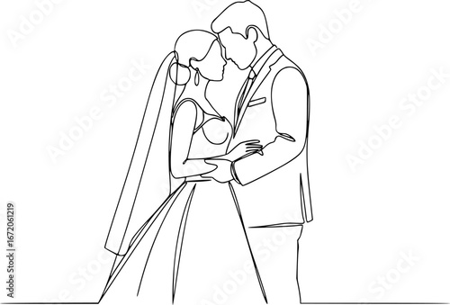 Minimalist continuous line of a bride and groom on their wedding day