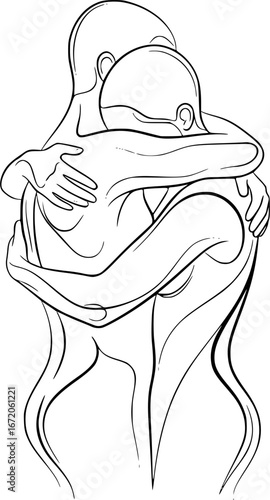 Minimalist continuous line art of a couple embracing each other with love and warmth