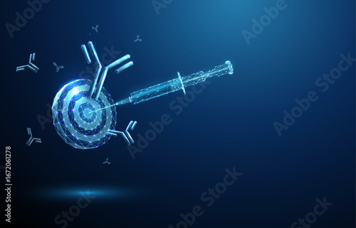 Dartboard target with a syringe at the center, antibodies flying around. Vaccination, precision medicine, targeted immunotherapy, passive immunity, concept.