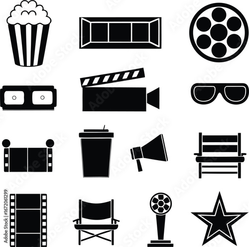 Cinema and Film Industry Black Silhouettes Vector Set - Popcorn, Camera, Film Reel, Clapboard
