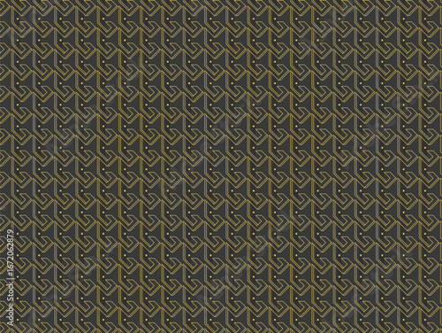 A detailed repeating geometric pattern with a dark brown and gold color scheme.