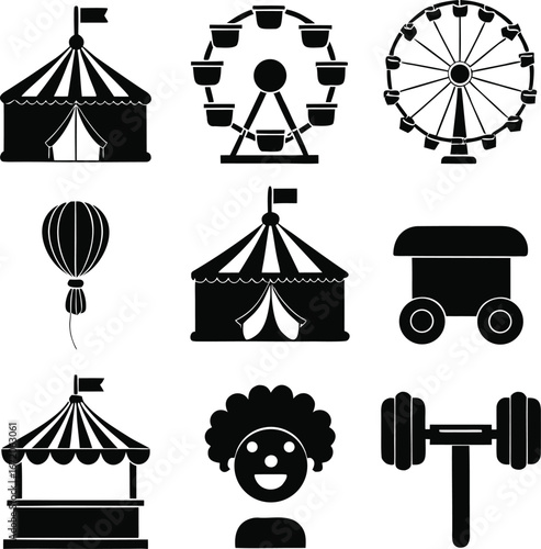 Carnival and Fairground Black Silhouettes Vector Set - Big Top Tent, Ferris Wheel, Clown, Stall