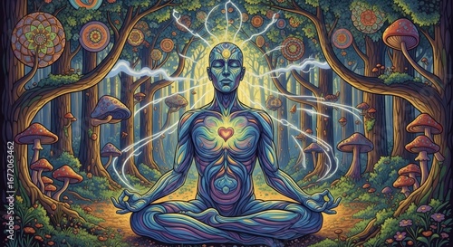 Meditating Figure in Forest with Mushrooms and Energy Fields