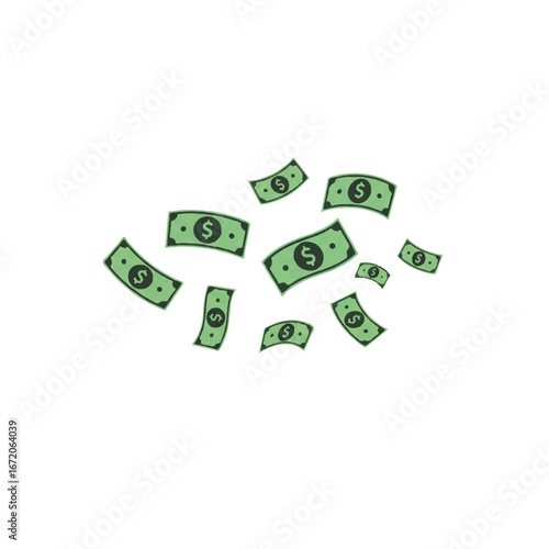 Money bills floating and falling from above, representing financial success and wealth, creating a sense of abundance and prosperity.