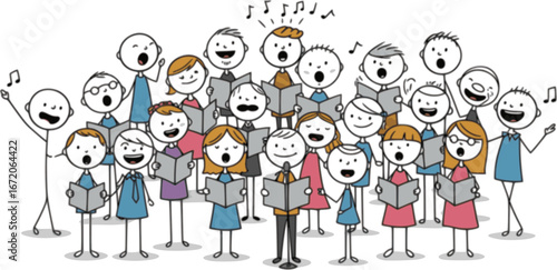 Choir, singing group, men and women sing together, funny line figures sing a song
