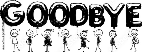 GOODBYE smiling stick figures holding golden balloon letters
