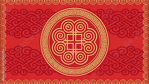 A red and gold chinese traditional pattern background with a circular design