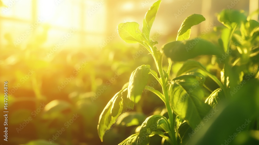 Obraz premium Beautiful Green Plants Growing in a Sunlit Greenhouse, Capturing the Essence of Nature's Growth and the Promise of a Vibrant, Sustainable Future