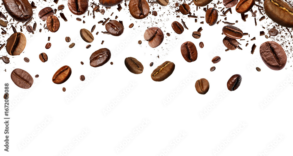 Obraz premium Roasted coffee beans falling against white background