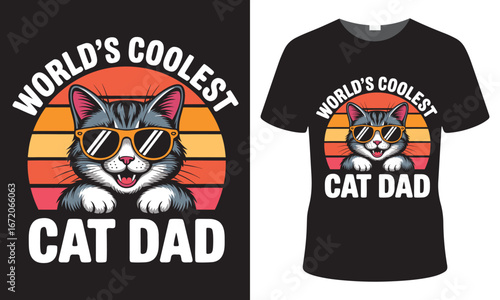 Cool cat dad t shirt design featuring a retro sunset and a stylish feline wearing sunglasses celebrating fatherhood
