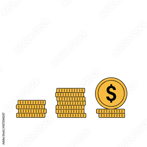 Stacks of gold coins increase in height on white surface, representing financial growth and investment success with clean, minimalist style.