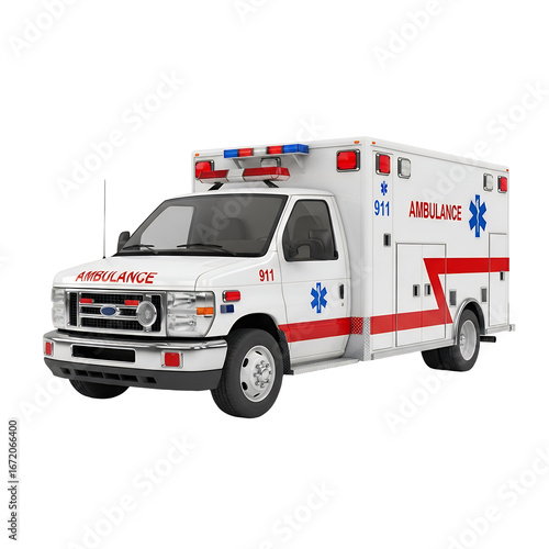White and Red Emergency Ambulance Vehicle with Flashing Lights on Isolated Background