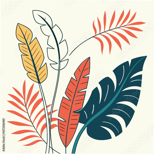 Creative concept of summer bright card with abstract tropical leaves. Modern art minimalist style design templates for celebration, ads, branding, banner, cover, label, poster, sales 