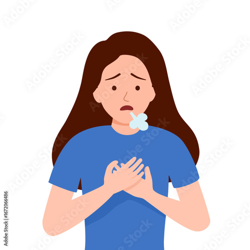 Woman pressing against her chest with a shortness of breath symptom in flat design on white background. Difficulty breathing.