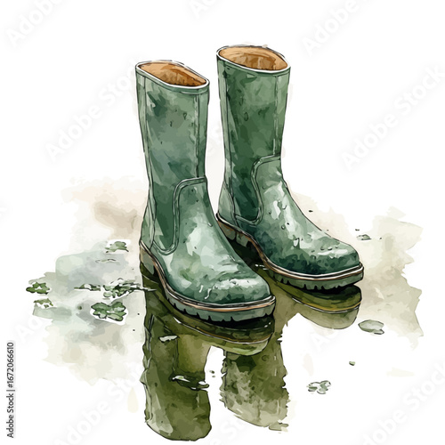 Rain Boots Spring Puddles, watercolor painting vector, isolated on a white background.