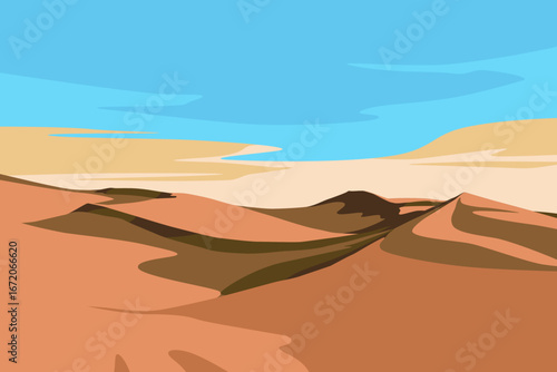 minimalist landscape illustration of dry desert with sunset