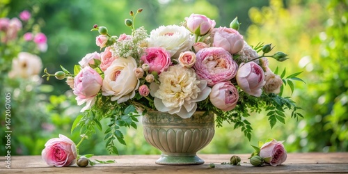 Fototapeta Naklejka Na Ścianę i Meble -  A delicate arrangement of peonies and roses in a vintage-inspired vase, surrounded by lush greenery , rose, vases,  rose