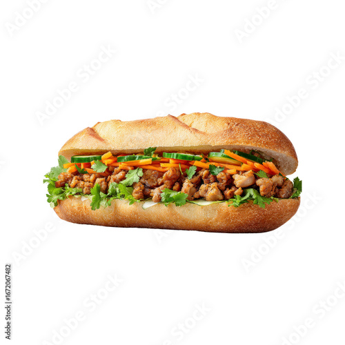 Delicious Vietnamese Banh Mi Sandwich with Pork, Fresh Vegetables, and Cilantro