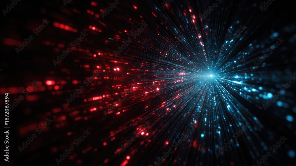 Naklejka premium Abstract digital explosion. Red and blue particles radiating outward