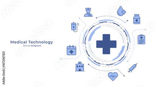 Concept of healthcare system and hospital medicine tech. Health cross icon with medical signs on blue HUD frame and circuit. Patient service and medical care technology concept. Vector illustration.