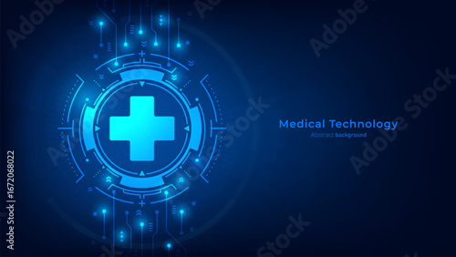Concept of health innovation and medicine tech. Health cross icon on futuristic glowing HUD and circuit background. Health insurance business and health care medical science. Vector illustration.