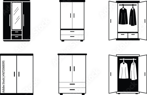 Silhouette set of wardrobes with hanging clothes, modern closet design, storage cabinet icons, bedroom furniture, vector black illustration set