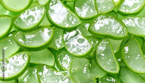 Fresh Aloe Vera Leaves with Water Drops on Green Background