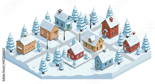 Isometric winter village scene with snow covered houses and pine trees.