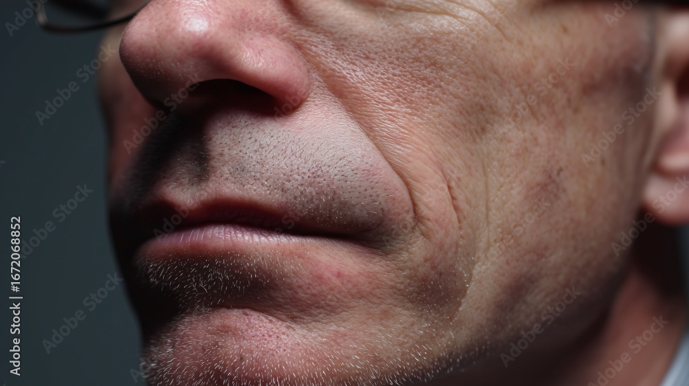Naklejka premium Close-up of male cosmetology model showcasing skin texture and care application