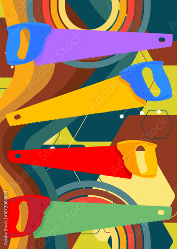 Retro 70s Background with Saw. Groovy woodwork 1970s art template. Minimalistic Vintage design poster. Old-fashioned color artwork.