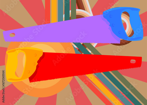 Retro 70s Background with Saw. Groovy woodwork 1970s art template. Minimalistic Vintage design poster. Old-fashioned color artwork.
