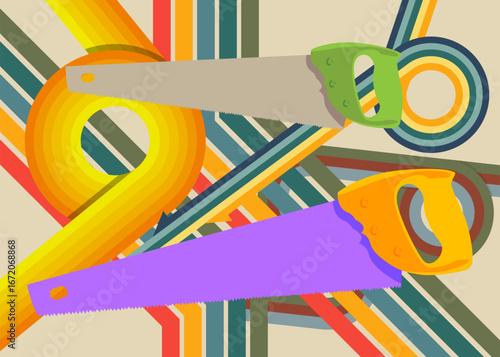 Retro 70s Background with Saw. Groovy woodwork 1970s art template. Minimalistic Vintage design poster. Old-fashioned color artwork.